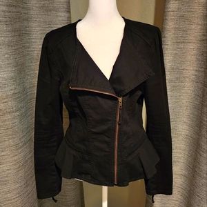 Black jean-material peplum Moto-style Jacket with puff sleeve detail